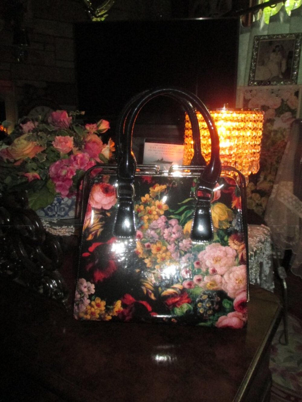 Black Floral Handbag